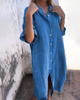 Blue button-front shirt dress with tie belt
