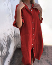 Red button-front shirt dress with tie belt