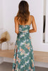 Close-up of green floral fabric and tied cutout detail