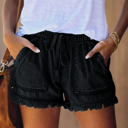 Women's black denim frayed hem shorts with drawstring waist and front patch pockets