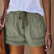 Women's army green denim frayed hem shorts with drawstring waist and front patch pockets