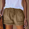 Women's khaki denim frayed hem shorts with drawstring waist and front patch pockets