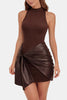 Woman wearing a brown mini dress with a knotted faux leather wrap skirt