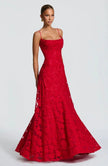 Women in a red spaghetti strap evening maxi dress - full body view