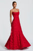 Women in a red spaghetti strap evening maxi dress - full body view
