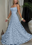 Blue spaghetti strap evening maxi dress - full length front view