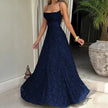 Dark blue spaghetti strap maxi dress - elegant draping floor-length view