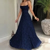 Dark blue spaghetti strap maxi dress - elegant draping floor-length view