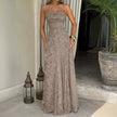 Gray spaghetti strap evening maxi dress - full length silhouette view