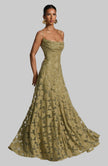 Women in an olive green spaghetti strap maxi dress - full length front view