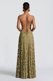 Olive green evening maxi dress - side view showing flowing silhouette