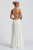 White evening maxi dress - side profile with flowing floor-length silhouette