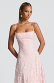 Pink evening maxi dress - three-quarter view showing delicate spaghetti straps