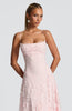 Pink evening maxi dress - three-quarter view showing delicate spaghetti straps