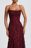 Wine red evening maxi dress - side view with elegant floor-length drape