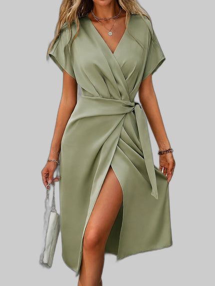 Women's Elegant Wrap Dress Midi in Green — full length front view showing V-neck wrap style with tie waist and front slit