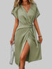 Women's Elegant Wrap Dress Midi in Green — full length front view showing V-neck wrap style with tie waist and front slit