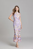 Women's purple mermaid maxi gown with pastel 3D floral appliqués - full body view