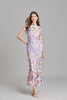 Women's purple mermaid maxi gown with pastel 3D floral appliqués - full body view