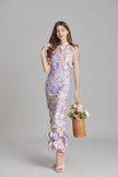 Purple 3D floral appliqué mermaid evening gown - second front view with flower basket