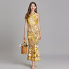 Women's beige mesh mermaid maxi gown with yellow 3D sunflower appliqués - full body view