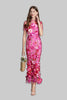 Women's dark pink 3D floral appliqué mermaid maxi gown with ruffled hem on grey background