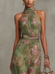 Women's floral halter dress maxi green back view open back design