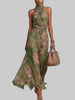 Women's floral halter dress maxi green floral print with cinched waist sash, full length