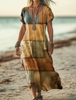 Woman wearing a tan patchwork print dress