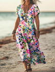 Woman wearing a pink floral print dress