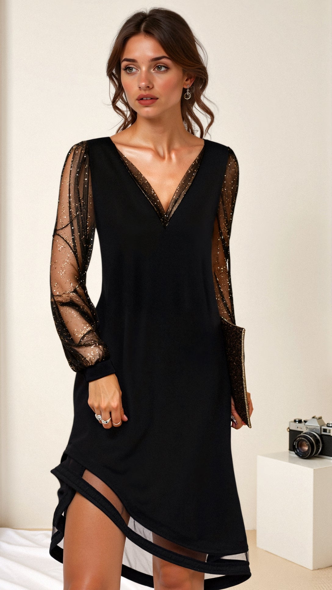 Women's Long Sleeve Dress Sequin V-Neck Party