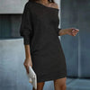 Woman wearing a black off-shoulder sequin mini dress