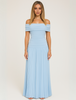 Woman wearing a light blue off-shoulder pleated maxi dress