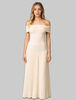 Woman wearing a beige off-shoulder pleated maxi dress