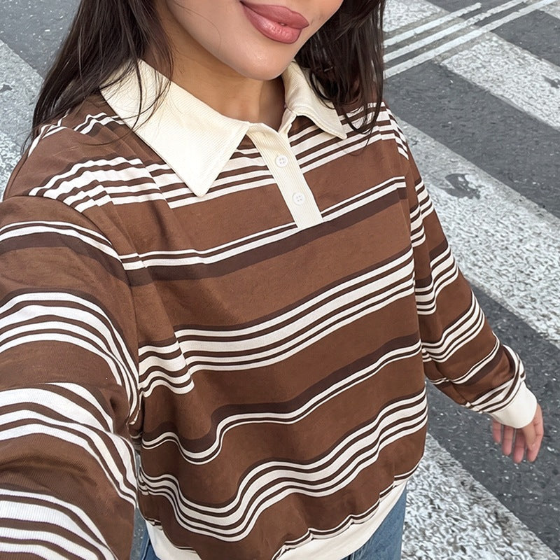 Women's Oversized Sweater Striped Polo Collar – Coffee Brown