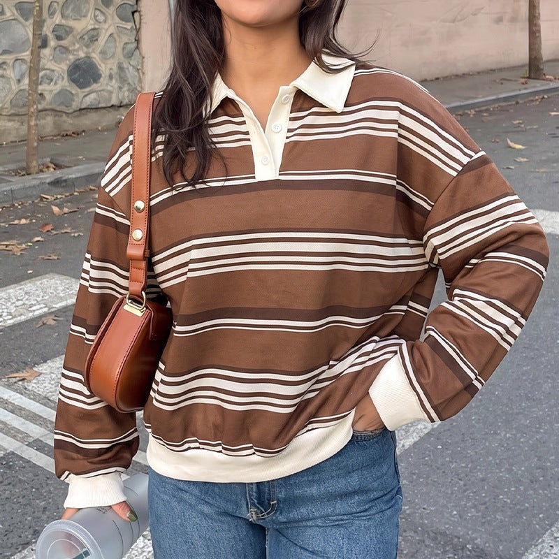 Women's Oversized Sweater Striped Polo Collar