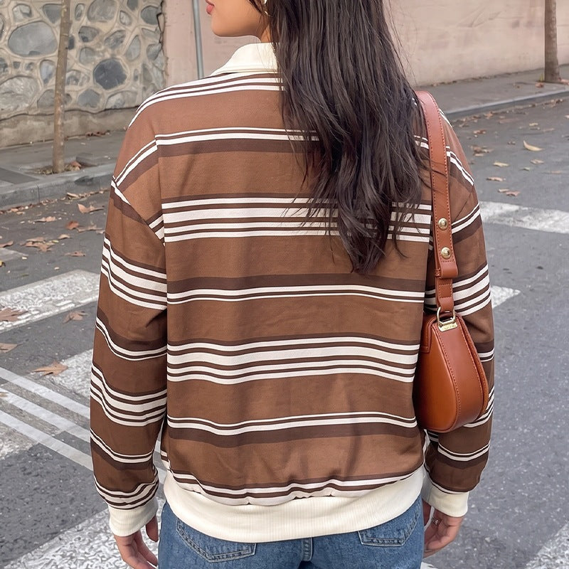 Women's Oversized Sweater Striped Polo Collar