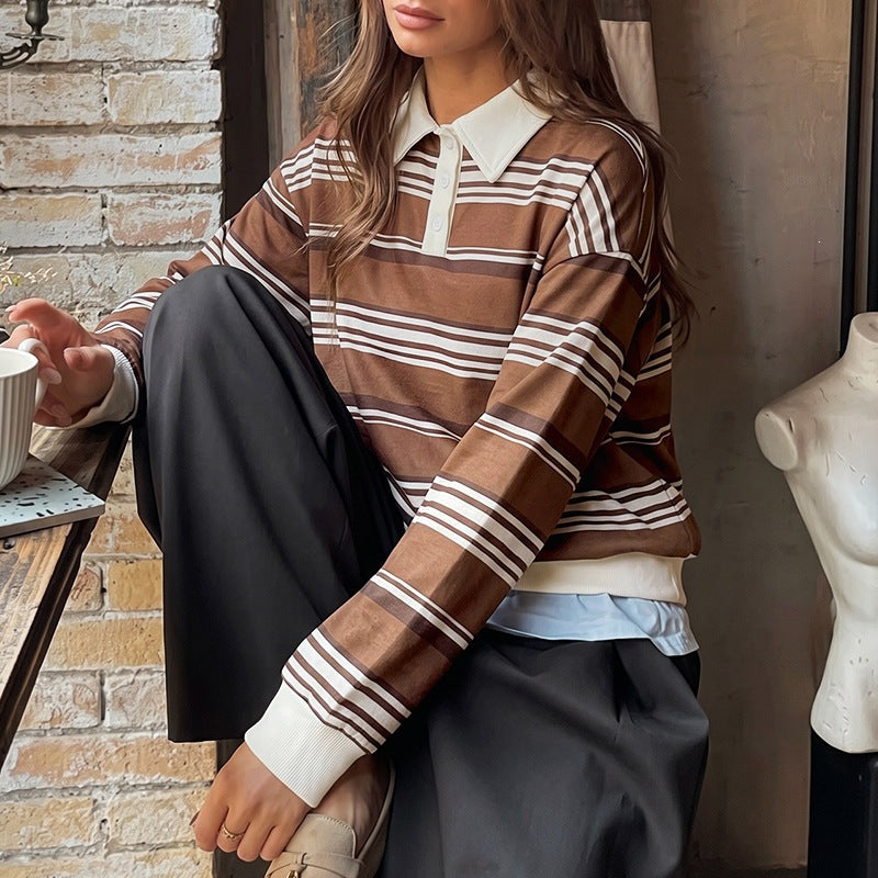 Women's Oversized Sweater Striped Polo Collar