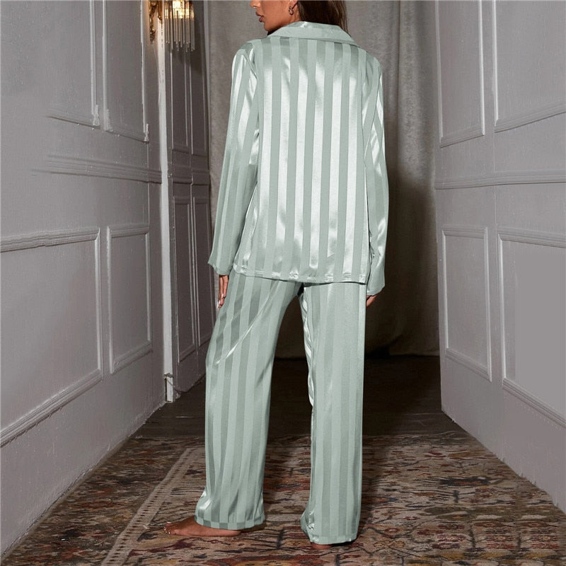 Women's Pajama Set Satin Striped Button Front