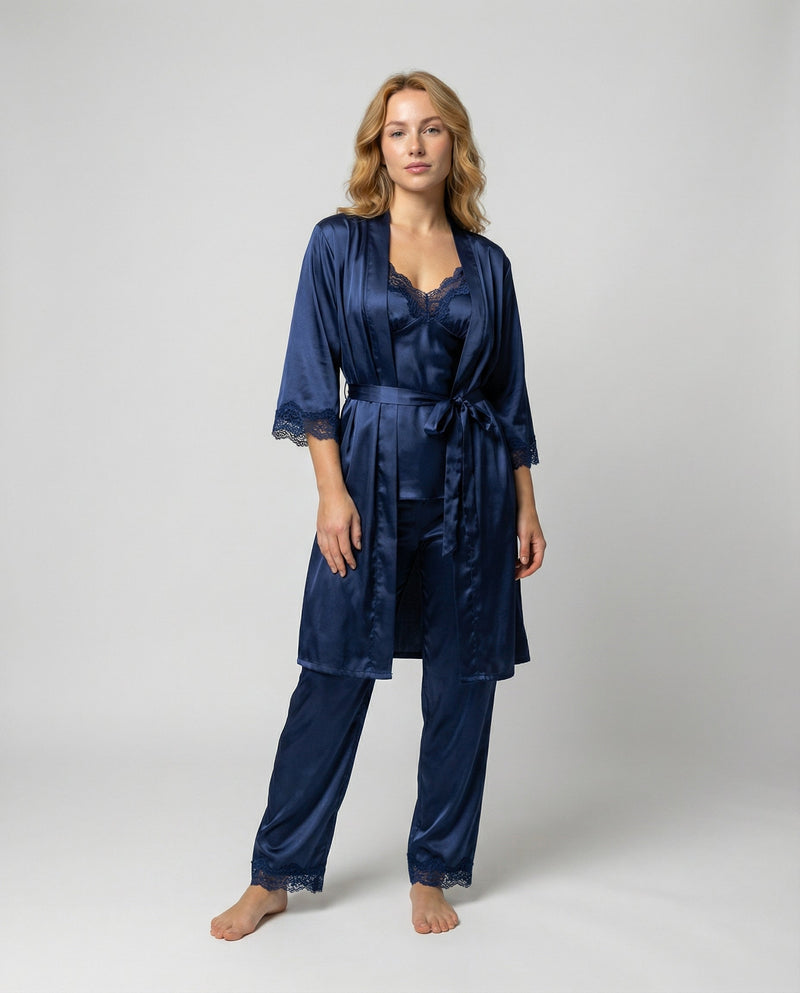 Women's Pajama Set Wrap Front Robe Trim Pants – Blue