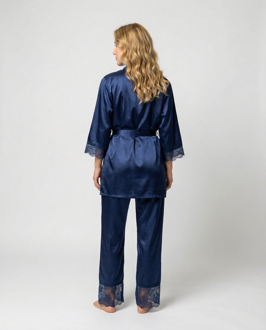 Women's Pajama Set Wrap Front Robe Trim Pants