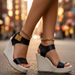 Women's Platform Wedge Sandals Black – side view with ankle strap and gold hardware