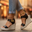 Women's Platform Wedge Sandals Black – close-up of open toe and espadrille wedge sole