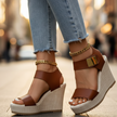 Women's Platform Wedge Sandals Brown – worn with jeans showing gold chain ankle strap