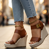 Women's Platform Wedge Sandals Brown – worn with jeans showing gold chain ankle strap