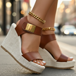Women's Platform Wedge Sandals Brown – close-up of open toe and espadrille wedge