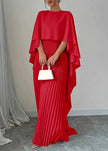 Women's Pleated Cape Wedding Guest Dress Maxi - Red