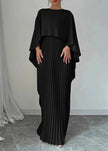 Women's Pleated Cape Wedding Guest Dress Maxi - Black