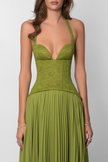 Women's Pleated Evening Dress Maxi in Green - Full length studio shot