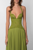 Women's Pleated Evening Dress Maxi in Green - Full length studio shot